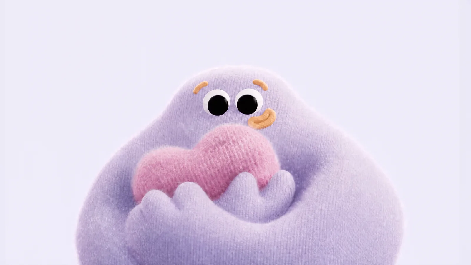 Lilac knitted character hugging a pink knitted heart